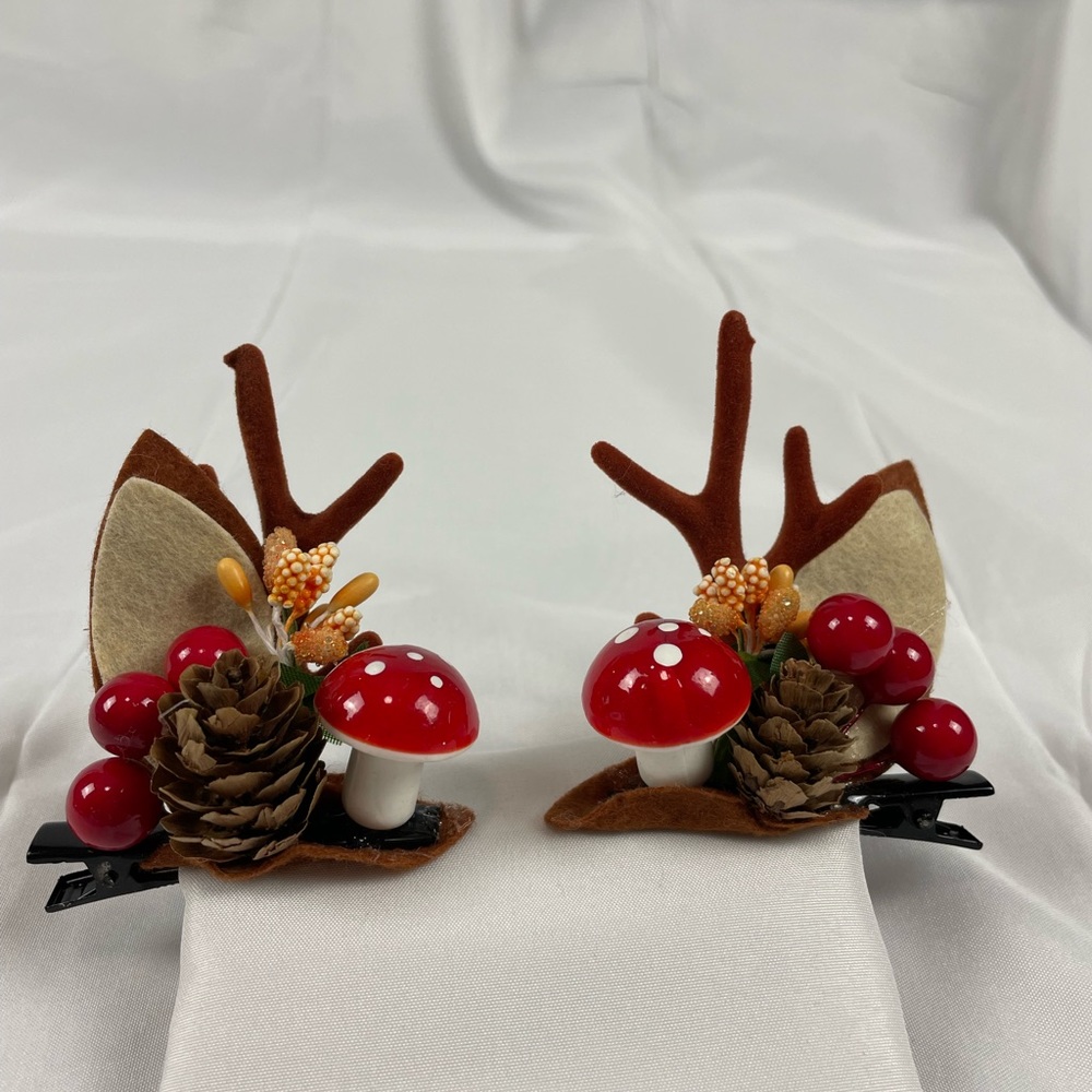 Christmas deer antler ear hair clip woodland mushroom pine cone hair accessory